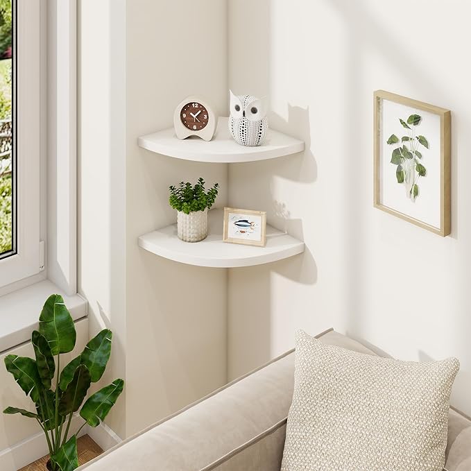 Fun Memories Corner Shelf Wall Mount, Solid Oak Wood Floating Corner Shelves with Cable Hole, 10in Rustic Design for Bedroom, Bathroom, Kitchen, Living Room (White, 1 Pack)