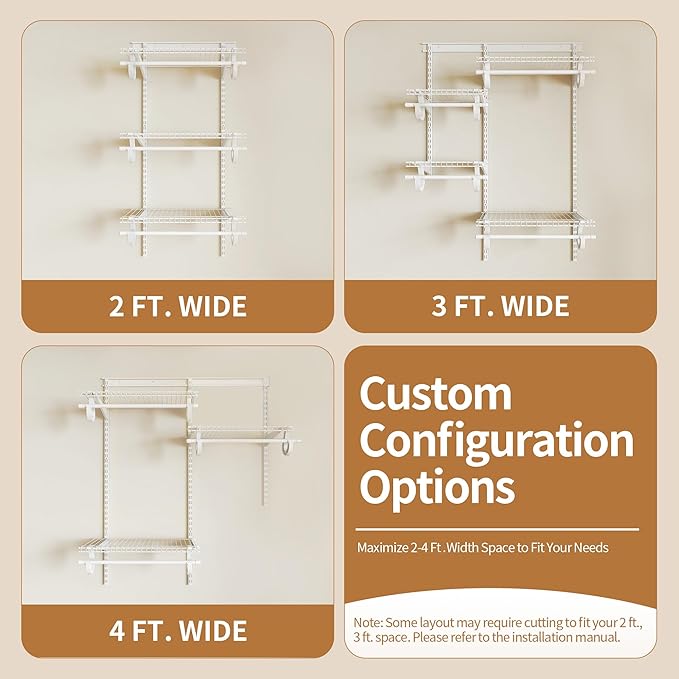 2-4 Ft. Expandable Closet Organizer System Kit, White Custom Metal Wire Shelving, Organization and Storage Shelves Wall Mounted with Hanging Rods