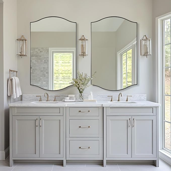 ANDY STAR 30"x48" Scalloped Mirror，Brushed Nickel Rectangle Bathroom Mirror with Curved Edge Stainless Steel Metal Frame, Large Wall-Mounted Mirror for Bathroom, Entryway (Horizontal/Vertical)