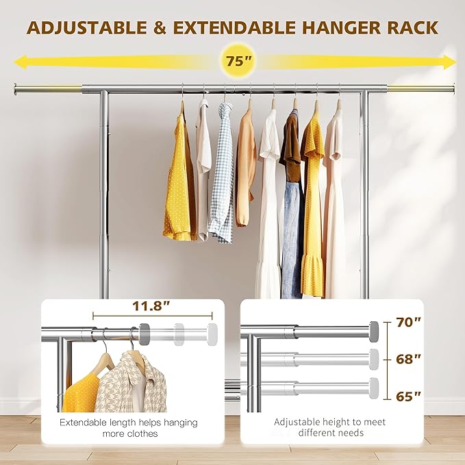 Raybee 75" W Clothes Rack Load 530 LBS, Clothing Racks for Hanging Clothes, Adjustable Heavy Duty Clothes Rack, Portable Metal Garment Rack for Bedroom Laundry Living Room