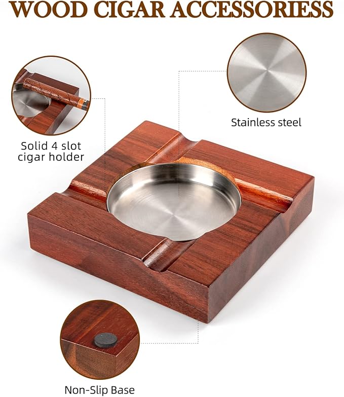Wood Cigar Ashtray Cigarettes Ashtrays for Indoor Outdoor Patio Home Office Use Square Wooden Brown Cigar Ash Tray Gifts for Men with GIFT BOX (Classic)