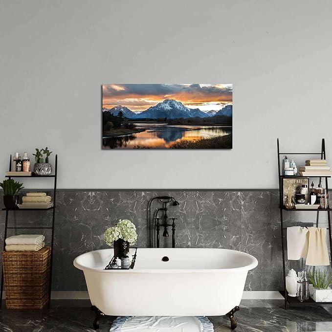 Grand Teton Mountain Wall Art National Park Posters Sunset Oxbow Bend Scenery Wall Picture Snake River Landscape Wall Art Nature Wyoming Painting Artwork for Living Room Bedroom Home Decoration 24x48"