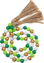 Equsion Seasonal Wooden Bead Garland with Tassels, 3.3 ft Holiday Vintage Boho Bead Garland Easter Tray Decoration, Vase Wall Room Art Birthday Party Decoration(Light Green, Dark Green, White, Gold)
