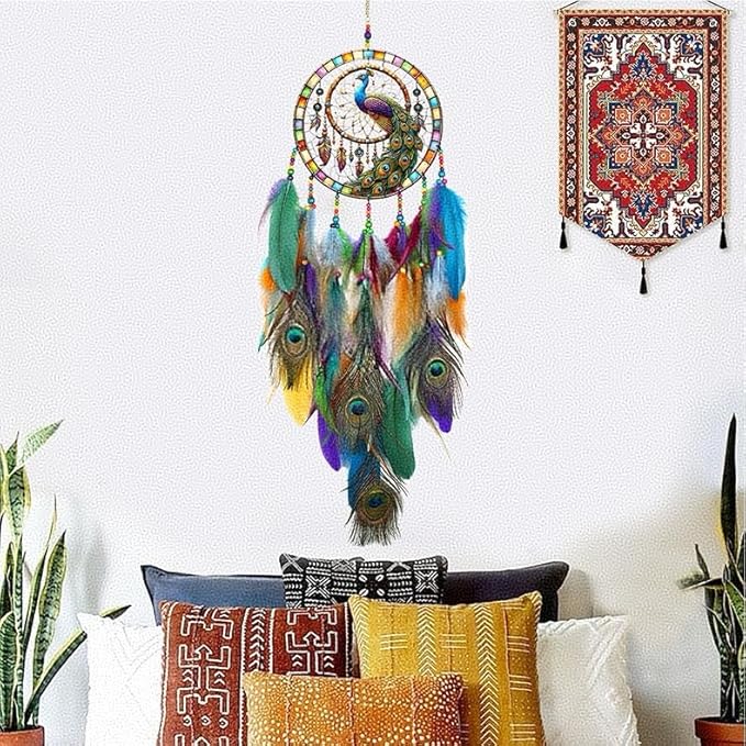 Dream Catcher Wall Hanging Decor for Bedroom Aesthetic, Handmade Traditional Wall Art with Feathers for Living Room, Nursery, Good Vibes Gift for Women,Girls,Home Decoration Wedding Party (Peacock)