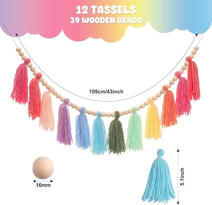 Colorful Tassel Garland Yarn Bunting Banner with Wood Bead for Kids Nursery Room Bedroom Wall Hanging Decor Birthday Party Baby Shower Wedding Decor