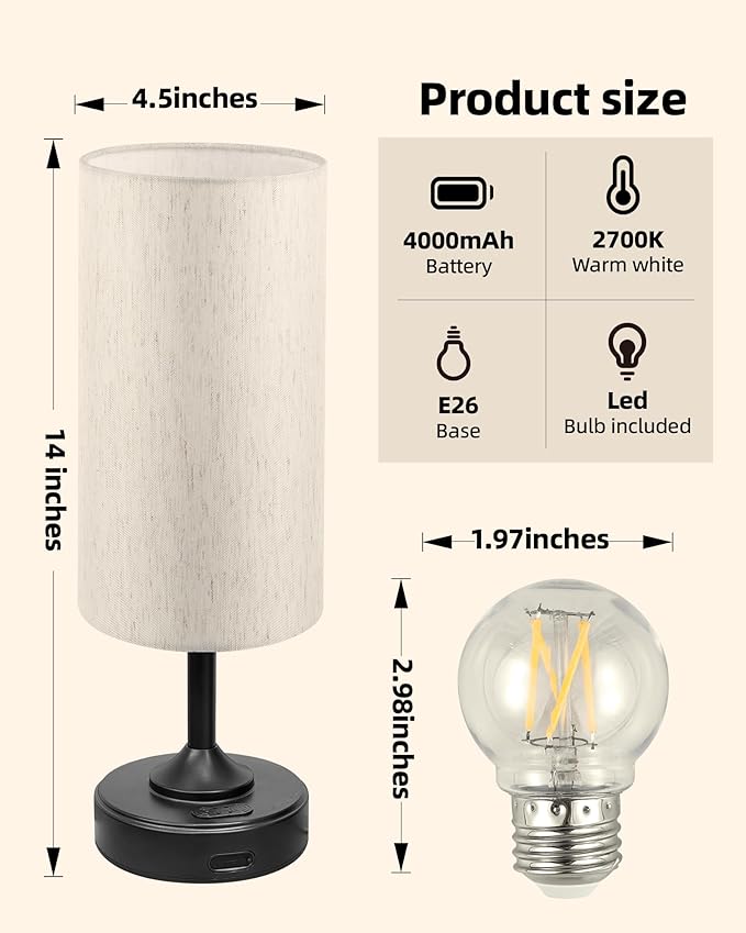 Wireless Lamp, 2-Pack, Ambient Light, Dimmable, 2700K, Timer, Touch Control, Portable, LED, Battery Operated, Rechargeable, Cordless, Desk Lamp, Kitchen Lamp, Fabric Shade, for Bedroom, Living Room