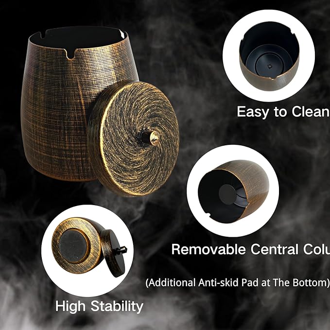 Ash Tray, Large Outdoor Ashtray with Lid, Ashtray for Outside Patio, Stainless Steel Windproof Smokeless Ash Tray for Balcony, Ashtrays for Smokers, Cigar, Home Office Decoration