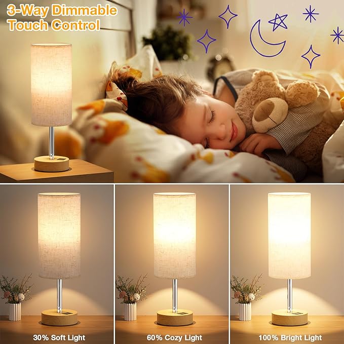 Touch Bedside Lamps Set of 2 - 3 Way Dimmable Table Lamps for Bedroom, Nightstand Lamp with Wooden Charging Station for Kids Room Dorm, Small Desk Lamp for Living Room, Office, Kids Room, Nursery