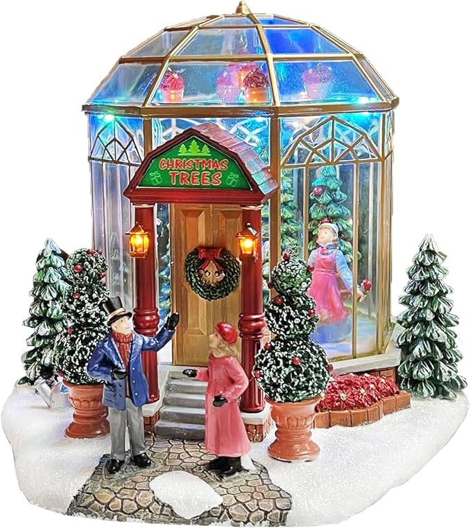 Christmas Village Lighted Tree Shop by Moments in Time LED Musical Holiday Building with Battery Operation, Handcrafted Décor for Christmas Village Display 7.5”