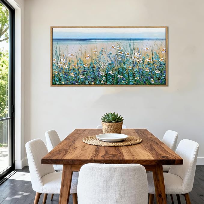 Large Blue Seaside Cyan Floral Wall Paintings Wildflowers Blossom Art Prints Framed Blue Flowers Artwork Floral Wall Art Wildflower Wall Pictures for Living Room Bedroom 20x40 Inch