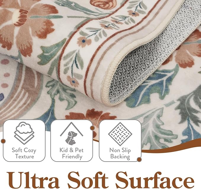 Moynesa Floral Washable Rugs, 8x10 Area Rug for Living Room, Soft Large Boho Bedroom Rugs, Flower Non Slip Ultra Thin Botanical Carpet for Dining Room Nursery Office, Beige