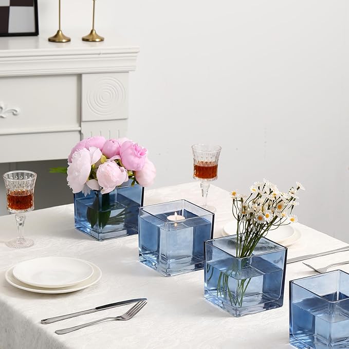 Square Glass Vases Set of 4, 4"x 4"x 4" Flower Vases for Centerpieces, Blue Glass Vase for Flowers, Small Vase for Wedding, Party, Home Office Decoration