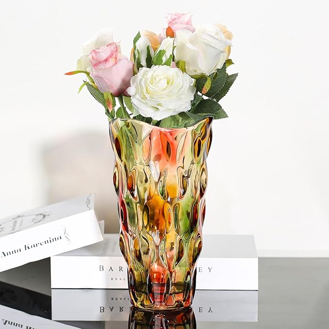 CEMABT 9.5inch 3.4 lb Glass Vases for Flowers Unbreakable Thickened Morden vase for Tables Centerpieces,Colorful,Vintage and Clear Rose Large Flower vases for Bouquet Unique Gifts（Rosa Colorful）