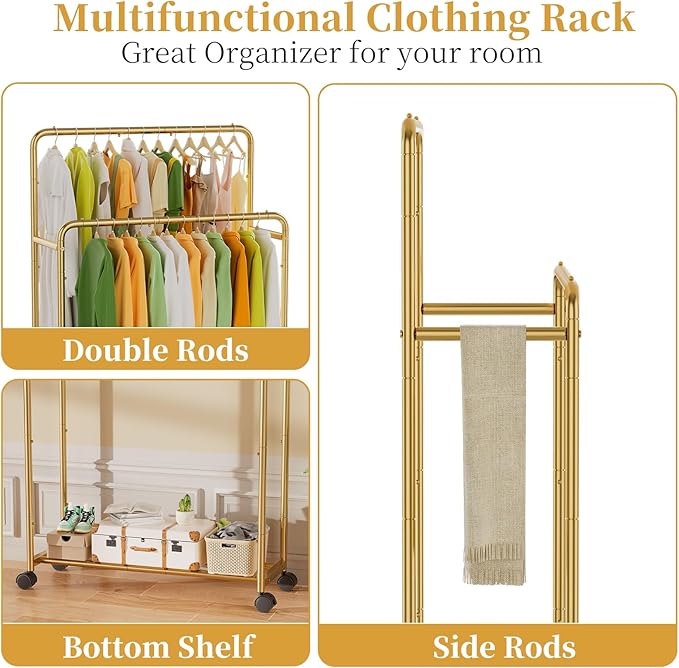 Simple Trending Clothing Clothes Rack Double Rods with Wheels, Rolling Metal Garment Rack for Hanging, Gold