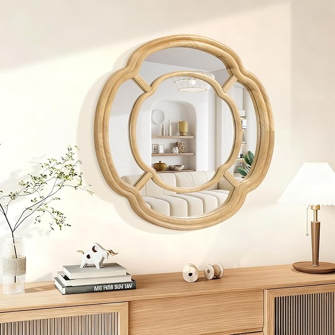 Wall Mounted Mirror, Wooden Round Framed Mirror Irregular Wavy Hanging Decorative Mirrors for Living Room Bedroom and Entryway Home 20 Inch Decor