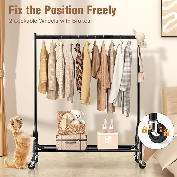 EAGMAK Heavy Duty Clothes Rack Load 420 LBS, 47.2" Long Rolling Garment Rack with Lockable Wheels, Standing Metal Clothing Hanger, Portable Wardrobe Sturdy Coat Organizer for Hanging Clothes (Black)