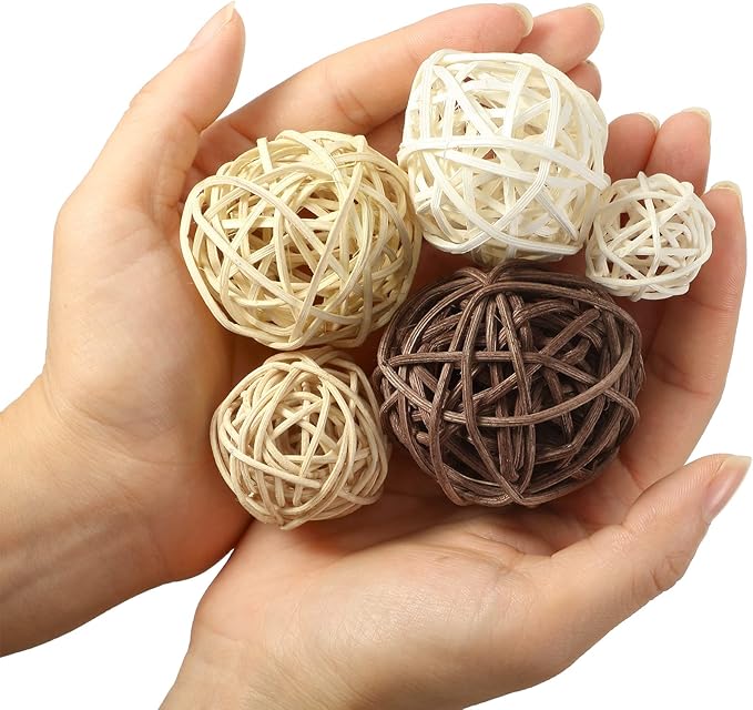 Patelai 36 Pcs Wicker Rattan Balls Decorative Balls for Vase Centerpiece Bowls Orbs Filler for Home Decor,4 Sizes(White, Wood Color, Light Tan, Coffee,2.4'',2'',1.6'',1.2'')