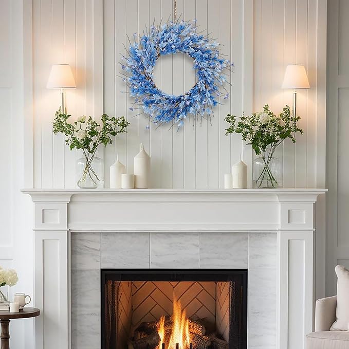 24 Inch Artificial Blue Forsythia Flower Wreath, Silk & Paper Bridal Floral Wreath for Front Door, Elegant Beach Nautical Themed Wedding & Spring Summer Decor, All Season Farmhouse Porch Wall Decor