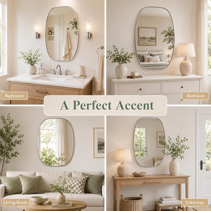 USHOWER Silver Oval Arch Bathroom Mirrors for Over Sink, 24x36 Inch Bathroom Vanity Mirror for Bathroom, Bedroom, Vanity, Entryway, Aluminium Frame, Anti-Rust, Modern Wall Decor