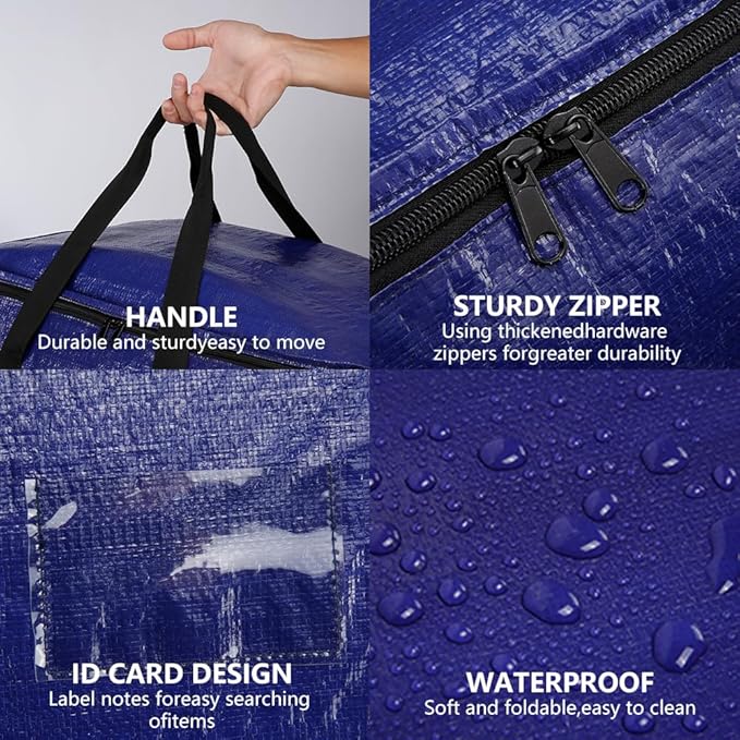 Cryster 10-Pack Blue Moving Bags with Strong Zippers,Heavy Duty Storage Totes With Comfortable Handles,Large Storage Totes for Student Supplies