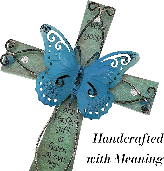 INHAI Handcrafted Christian Wall Cross 9x7,James 1:17 Verse on Wood with Antiqued Metal,Mother's Day Inspirational Home Decor Gift(Blue)