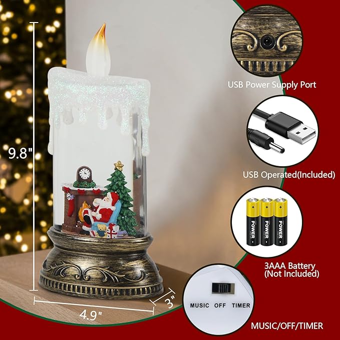 Eldnacele Christmas Music Snow Globe Candle Lamp with Timer Battery Operated & USB Powered Lighted Santa Christmas Tree Fireplace Scene Singing Spinning Water Glitters Xmas Decorations