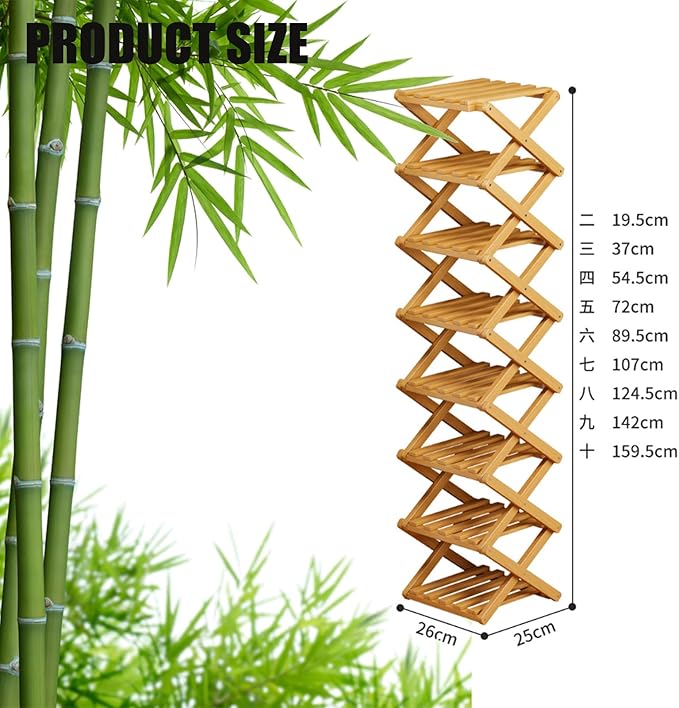 9 Tier Bamboo Shoe Rack, Foldable Shoe Rack, Shoe Rack, Ertical Shoe Organizer for Small Spaces, No Assembly Narrow Shoe Shelf for Entryway Closet Dorm (Yellow, 3 Layers)