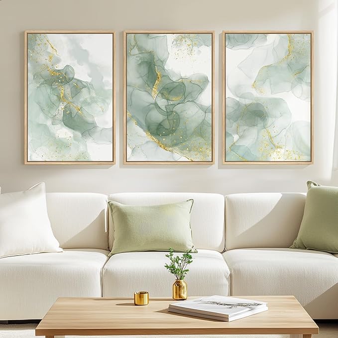 Large Framed Sage Green Abstract Wall Art, 3 Piece Modern Canvas Prints Paintings Artwork for Walls, Minimalist Green and Gold Abstract Pictures for Living Room Bedroom Dining Room Wall Decor 20x30 In