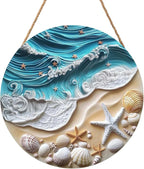 Beach Signs Coastal Coral Wreath for Front Door Hello Summer Door Hanger Nautical Sea Welcome Sign Ocean Starfish Theme Decorations Wooden Plaque for Indoor Wall Hanging Outdoor Outside Porch 12"x12"