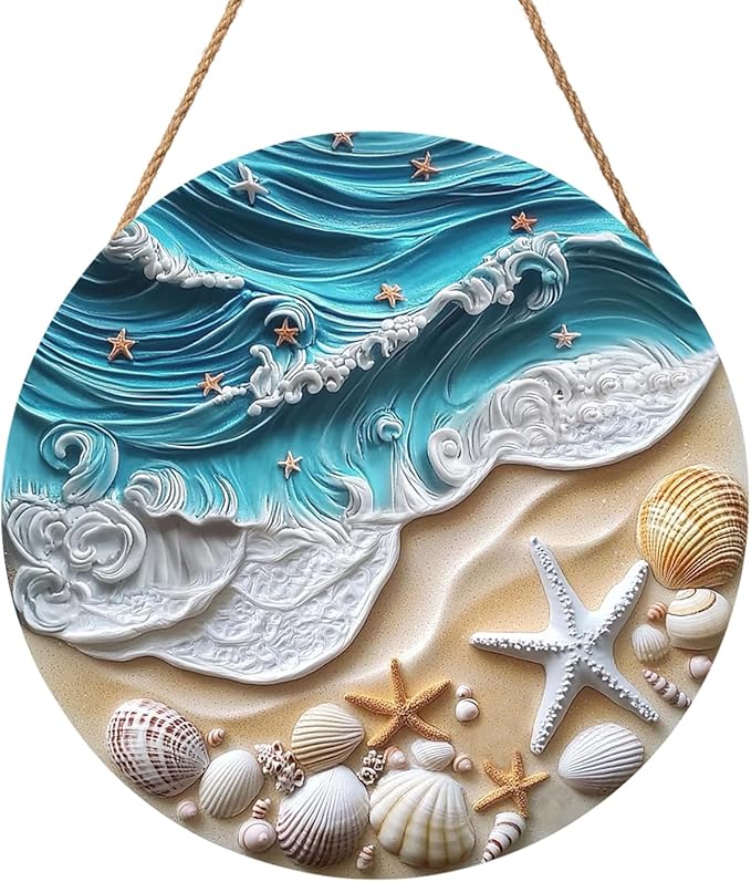 Beach Signs Coastal Coral Wreath for Front Door Hello Summer Door Hanger Nautical Sea Welcome Sign Ocean Starfish Theme Decorations Wooden Plaque for Indoor Wall Hanging Outdoor Outside Porch 12"x12"