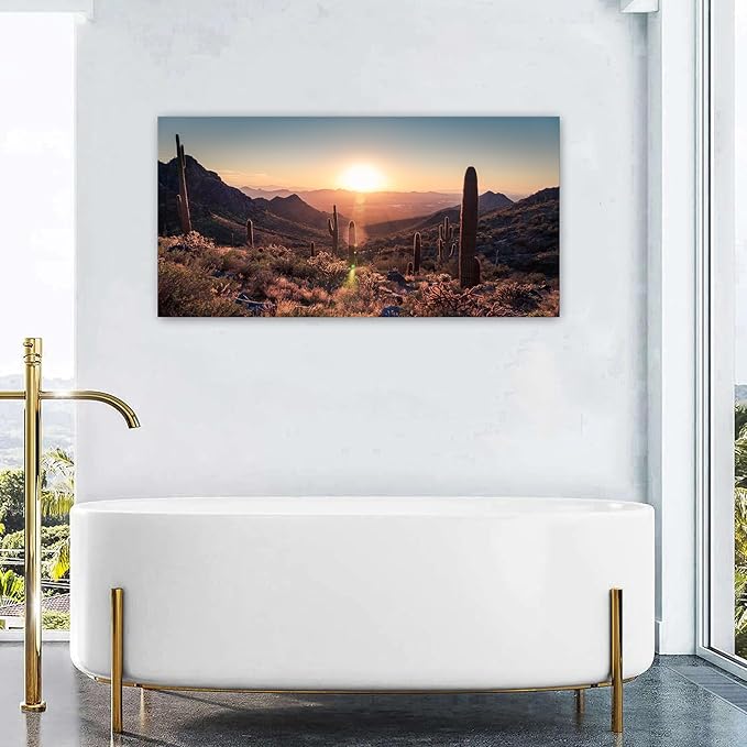 Mountain Wall Art Sunset Cactus Wall Decor Arizona Sonoran Desert Canvas Pictures Saguaro Landscape Photography Prints Western Nature Artwork for Living Room Bedroom Office Home Decoration 24x48"
