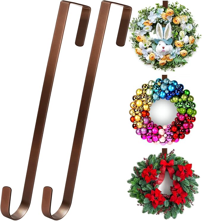 12” Wreath Hanger Over the Door Hooks, Non Scratch Wreath Door Hanger Hooks for Hanging Welcome Sign, Metal Wreath Hangers for Front Door Décor, Thin Door Hanger for Easter Halloween Home Decoration