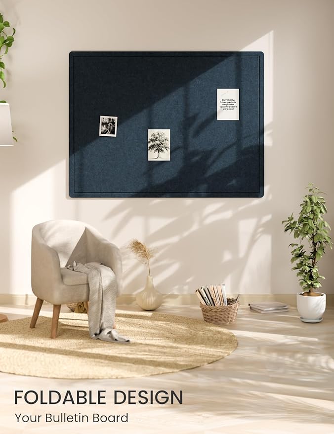 Fluxynara Large Bulletin Board, 47.2" x 35.4" Cork Board Alternative with 24 Safe Removable Adhesive Tabs, Foldable Felt Pin Board for Home Office, Classroom, Bedroom,Entryway for Walls—Carbon Blue