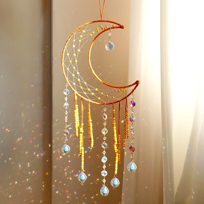 Artilady Moon Dream Catchers - Yellow Dream Catcher with Crystals Princess Room Decor for Girls Kids Adults Baby Bedroom Room Decor Christmas Birthday Teen Girl Gifts