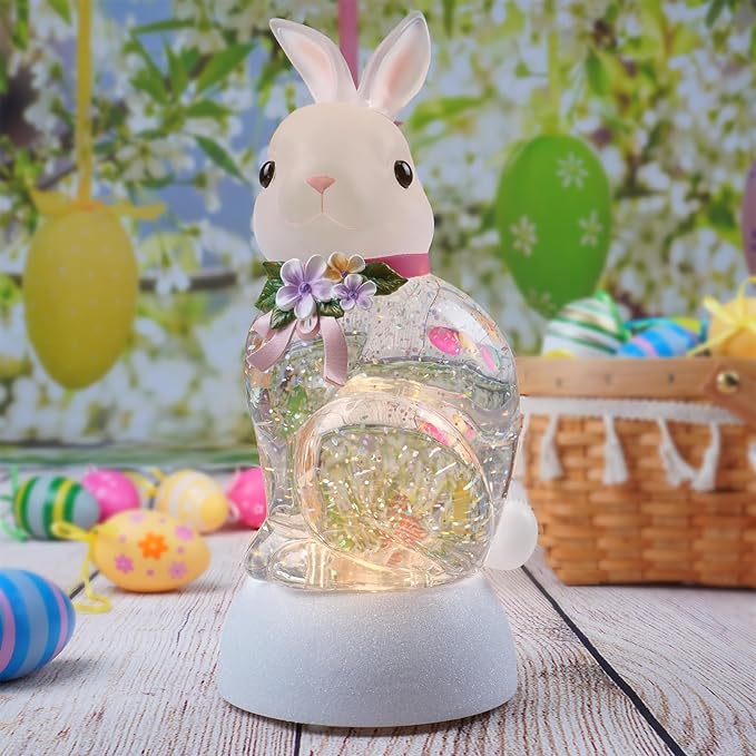 Spring Rabbit Snow Globe Lantern, Rabbit Snowglobe Decor with Swirling Glitter, 6H Timer, USB or Battery Powered, Bunny Decoration for Spring Party Easter Day Decor and Gift (Rabbit)