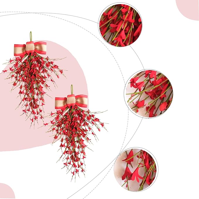Forsythia Spring Teardrop Swag, 2Pcs Artificial Spring Summer Floral Hanging Swags with Bow for Door Wall Mantel Window Wedding Home Decor (Red)