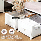 Under Bed Storage with Wheels, Rolling Under bed Storage with Metal Frame, Under Bed Shoe Storage for Space Saving, Zippered Clear Lid, Heavy-Duty Steel Base for Clothes, White,4XL 90L