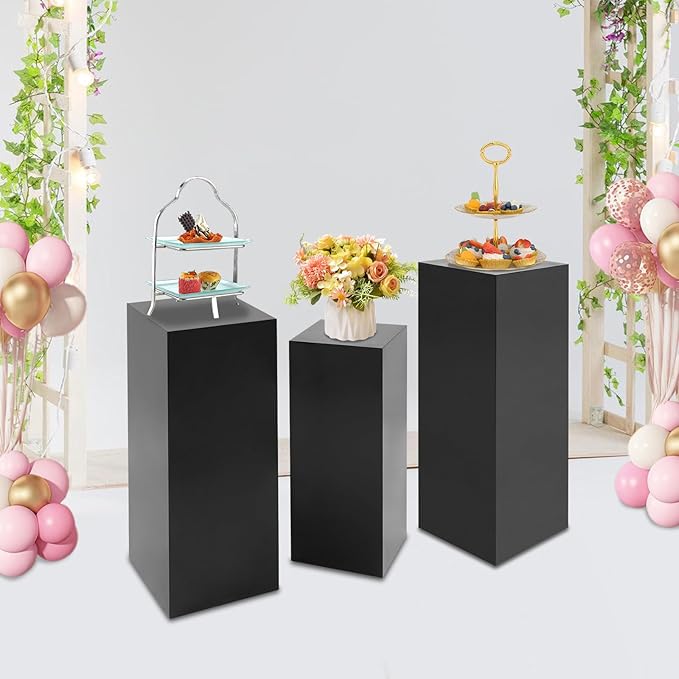 3 PCS Display Pedestal Stand, Metal Display Pedestal Stands Decoration Cube Sculpture Displays Column Square Displays Stands Pillars for Wedding Party Baby Shower Birthday (Black, 3PCS)