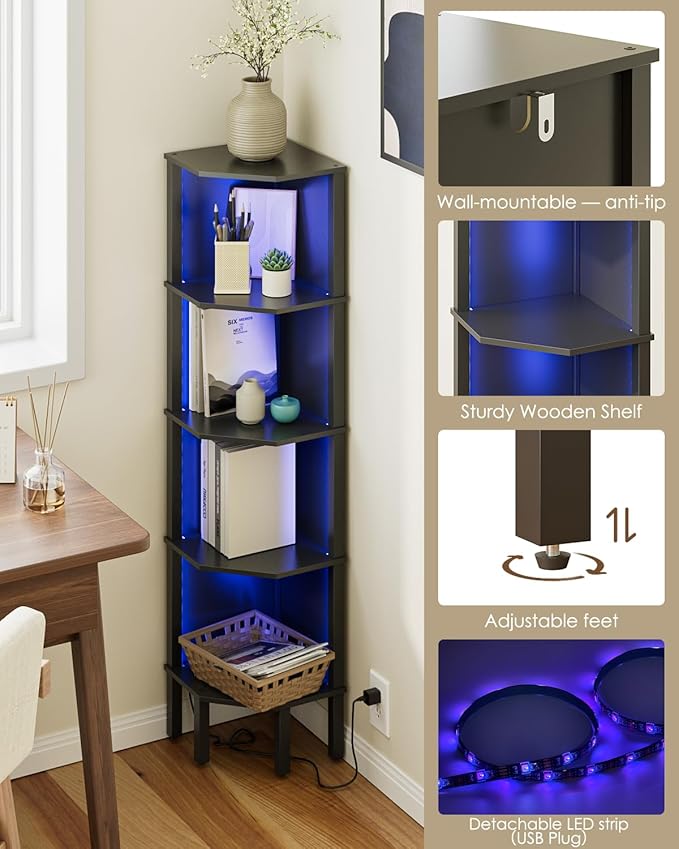 Corner Shelf Stand, 5 Tier Corner Bookshelf,Corner Furniture for Bedroom Display Corner Shelf for Small Space,Wood Shelves with Storage Rack for Living Room,Office,Black