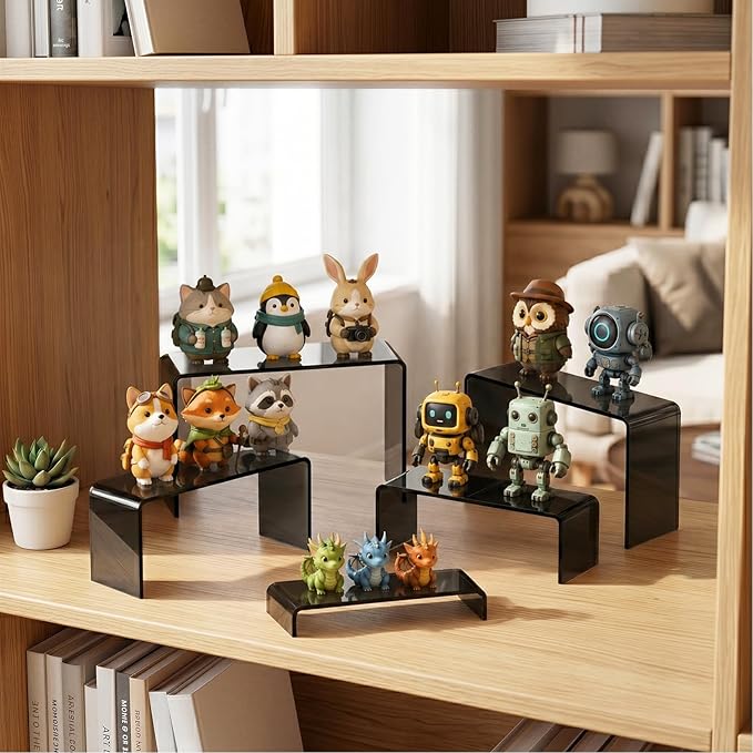 FUNFERY Acrylic Display Risers, 2 Set(7.8" L~8.2" L~8.6" L~9”L~9.3”L) Display Shelf for Figure, Collectibles, Cupcake, 5-Tier Clear Acrylic Stands for Dessert, Jewelry, Candy Showcase