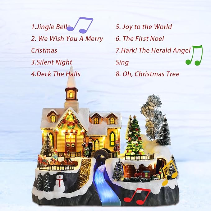 MUMTOP Christmas Village Snow Church with Rotating Train, Light Up Animated Moving Skaters and Christmas Tree with Music for Indoor Holiday Xmas Tabletop Decor