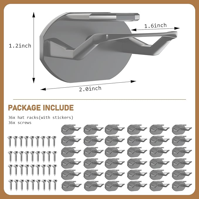 36 Pack Adhesive Hat Hooks for Wall, Super Strong Hat Rack for Baseball Caps, Hat Organizer Display for Home Decor, Hat Hangers Holder for Wall, Door, Closet, No Drilling - USA Patented (Gray)
