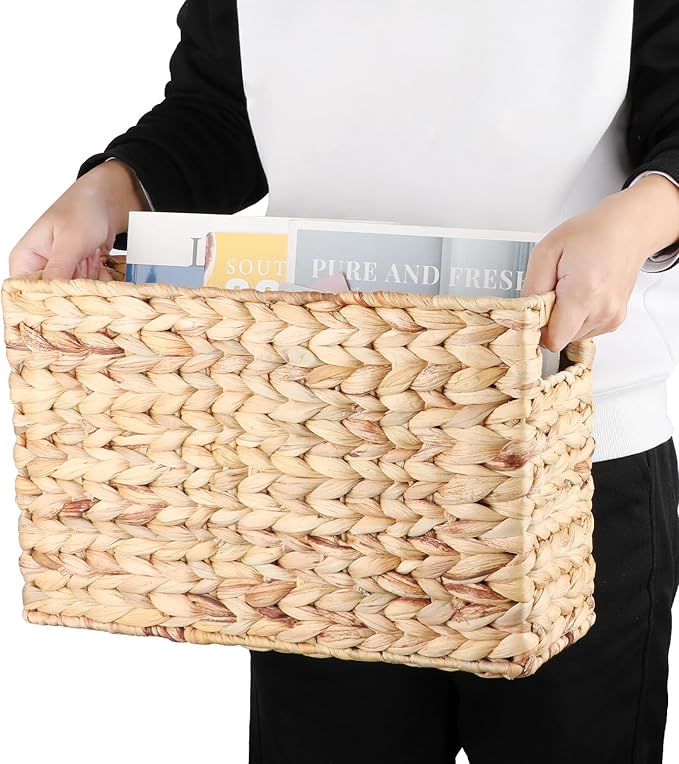 BTSKY Woven Magazine Holder, Water Hyacinth Magazine Basket, Natural Narrow Storage Basket Bin for Books & Files, Magazine Rack with Built-in-Handle for Home, Office & Desk - 15.4x5.5x9.8 Inch