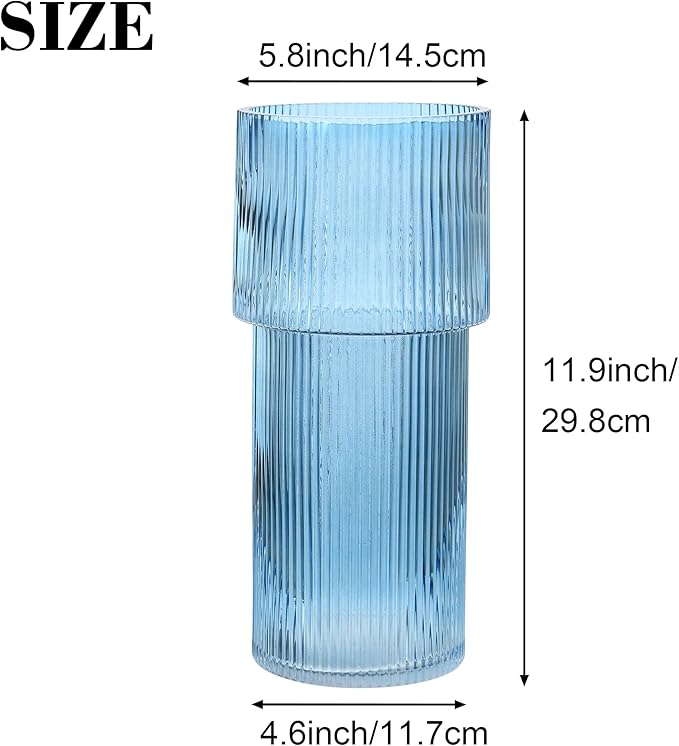 Large Glass Vase, 12 Inches Tall Vase for Flowers, Blue Flower Vases for Bouquet, Modern Blue Glass Vases for Living Room, Dining Table, Office, Entryway, Mantle, Shelf, Wedding Gifts