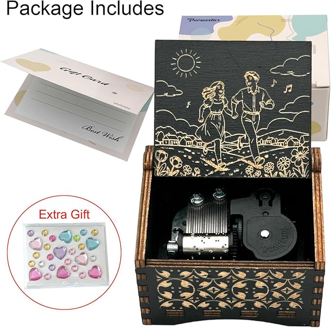 Pursuestar Black Wooden Wind Up Music Box - Greensleeves, Vintage Engraved Wood Mechanism Musical Gifts for Anniversary Mother's Day Valentine's Day Christmas Thanksgiving Birthday