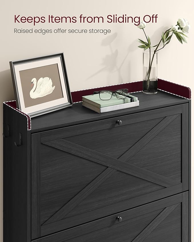 VASAGLE Shoe Storage Cabinet Organizer with 2 Flip Drawers, Freestanding Narrow Shoe Rack Cabinet for Entryway, Farmhouse Style, Fits 14 to 16 Pairs, Smoky Black UHSC203BJ01S