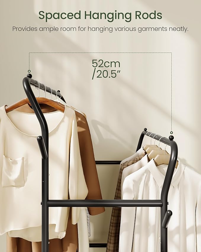 Clothes Racks for Hanging Clothes, Rolling Garment Rack, Clothing Rack with Wheels and Hooks, Double Rod Clothes Rack with Shelves, for Bedroom, Living Room, Laundry Room Black TYM07BB