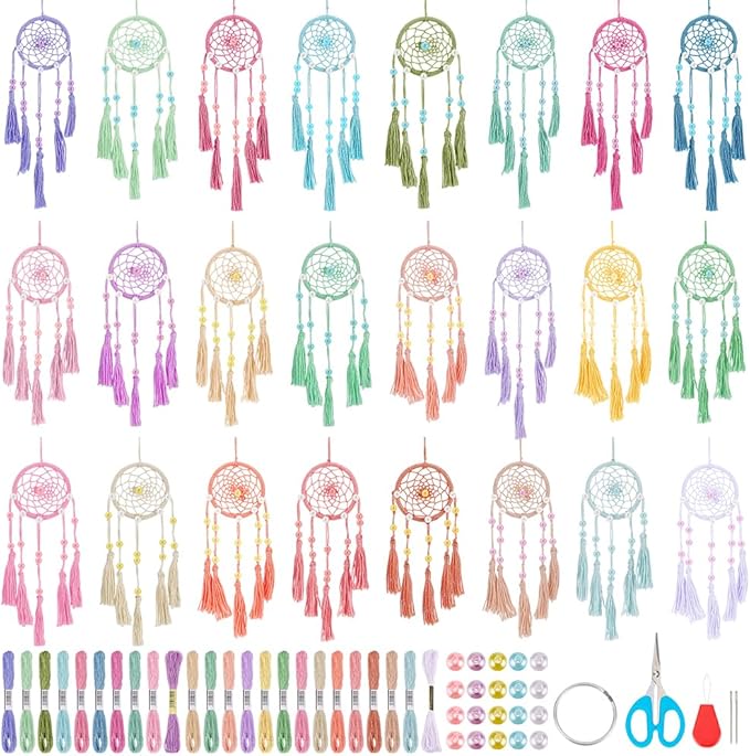 INFUNLY 24 Set DIY Small Dream Catcher Kit Candy Colors Round Mini Dream Catcher Kit Handmade Dreamcatcher Kit with Instructions Boho Hanging Ornament Making Kit for Bedroom Car Mirror Keychain Bag