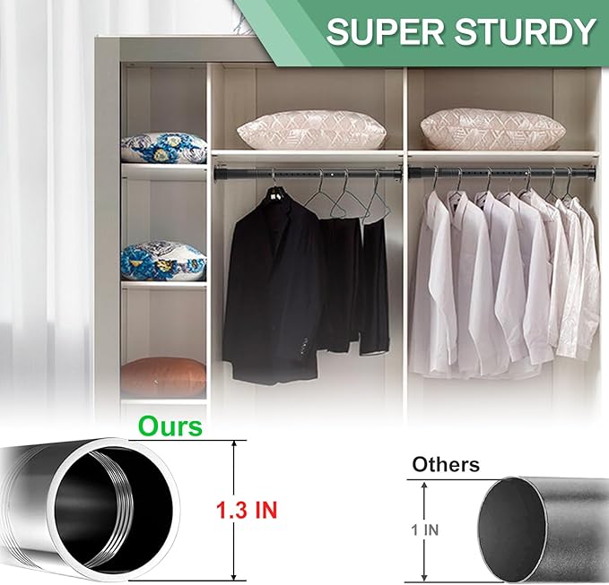 Closet Rods for Hanging Clothes, 1.3 Inch Diameter Heavy Duty Closet Rod 17-87 Inch Adjustable Clothes Hanging Bar Metal Black Shower Curtain Rods for Closet, Wardrobes, Bathroom, Windows