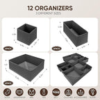 12 Pcs Drawer Organizer Clothes – Dresser Organizers for Baby Clothes, Underwear, Socks & Bedrooms – Foldable Storage Bins for Closet & Nursery – Fabric Drawer Dividers for Shelves (Grey)